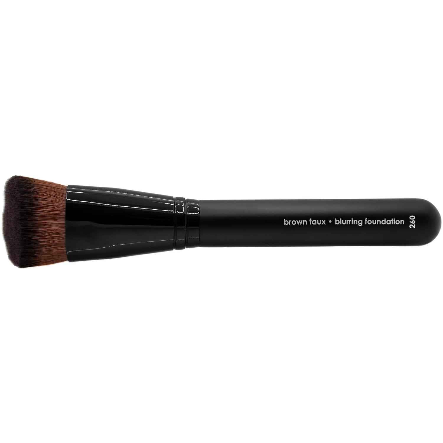 A flat, angled makeup brush with brown synthetic bristles and a black plastic handle.